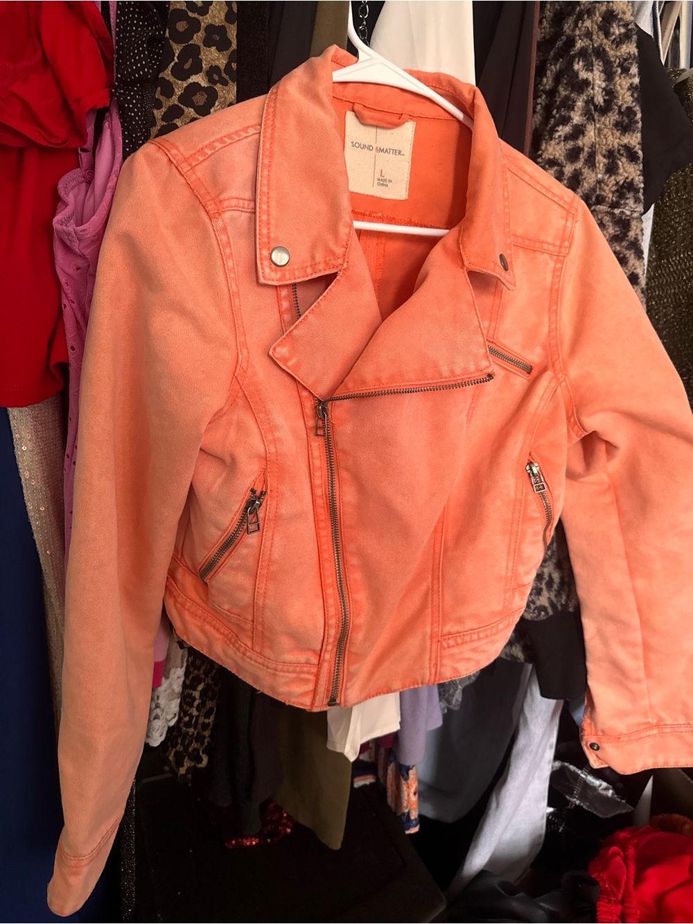 Sound & Matter Coral-Peach Jean Moto Jacket